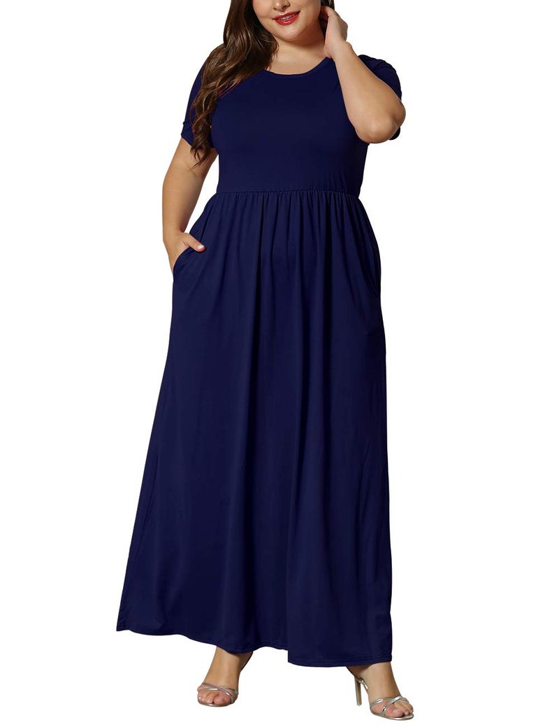KARALIN Womenâ€™s Plus Size Maxi Dresses for Curvy Women Summer Casual Short Sleeve 2025 Long Dress Navy Blue 22W - Image 4